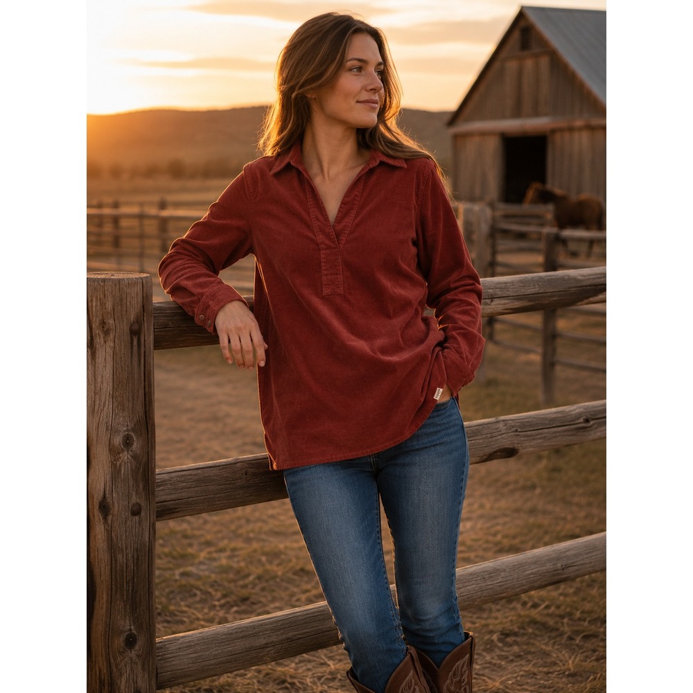 Duluth Trading Shirt Womens Size S Burgundy Corduroy Popover Collared Top